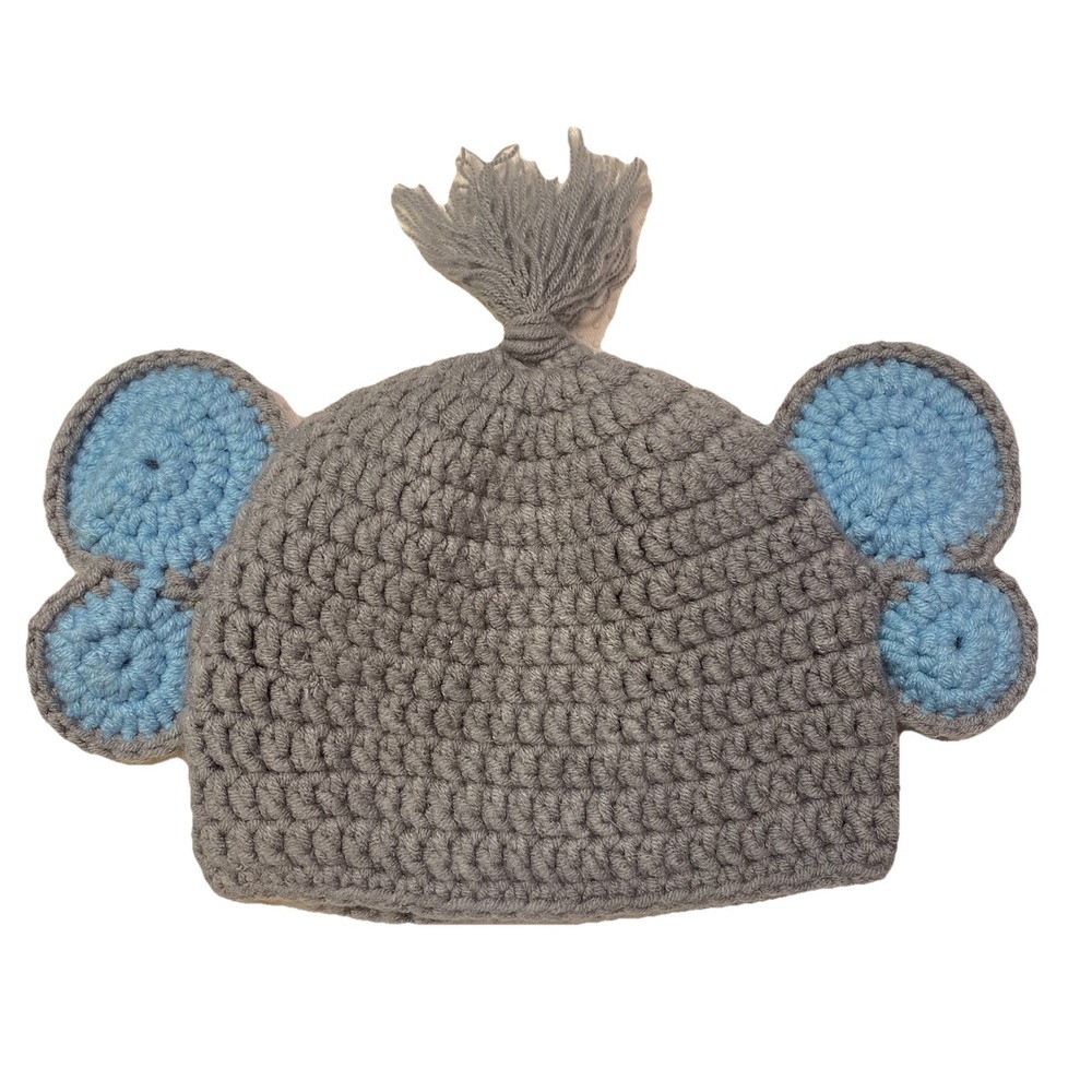 Handmade Knit Crochet Whimsical Elephant Baby Infant Beanie Cap Hat Gray Blue OS